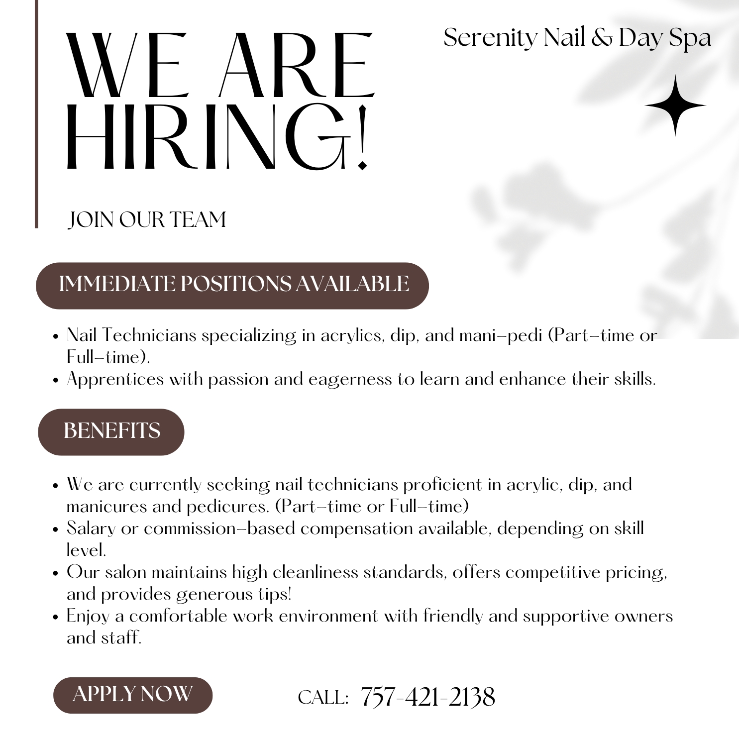 We Are Hiring serenity Nail & Day Spa